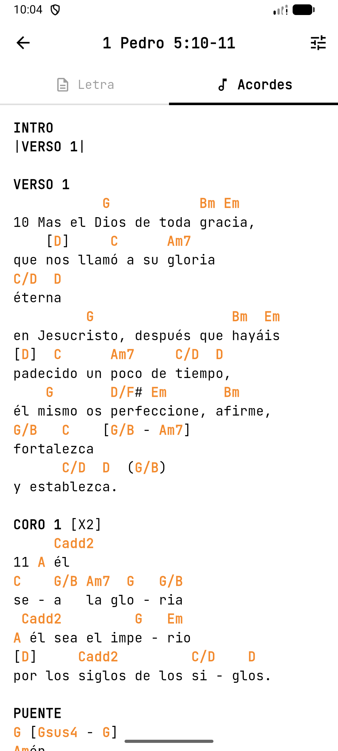 Song view showing musical chords in Cantando con Gracia
