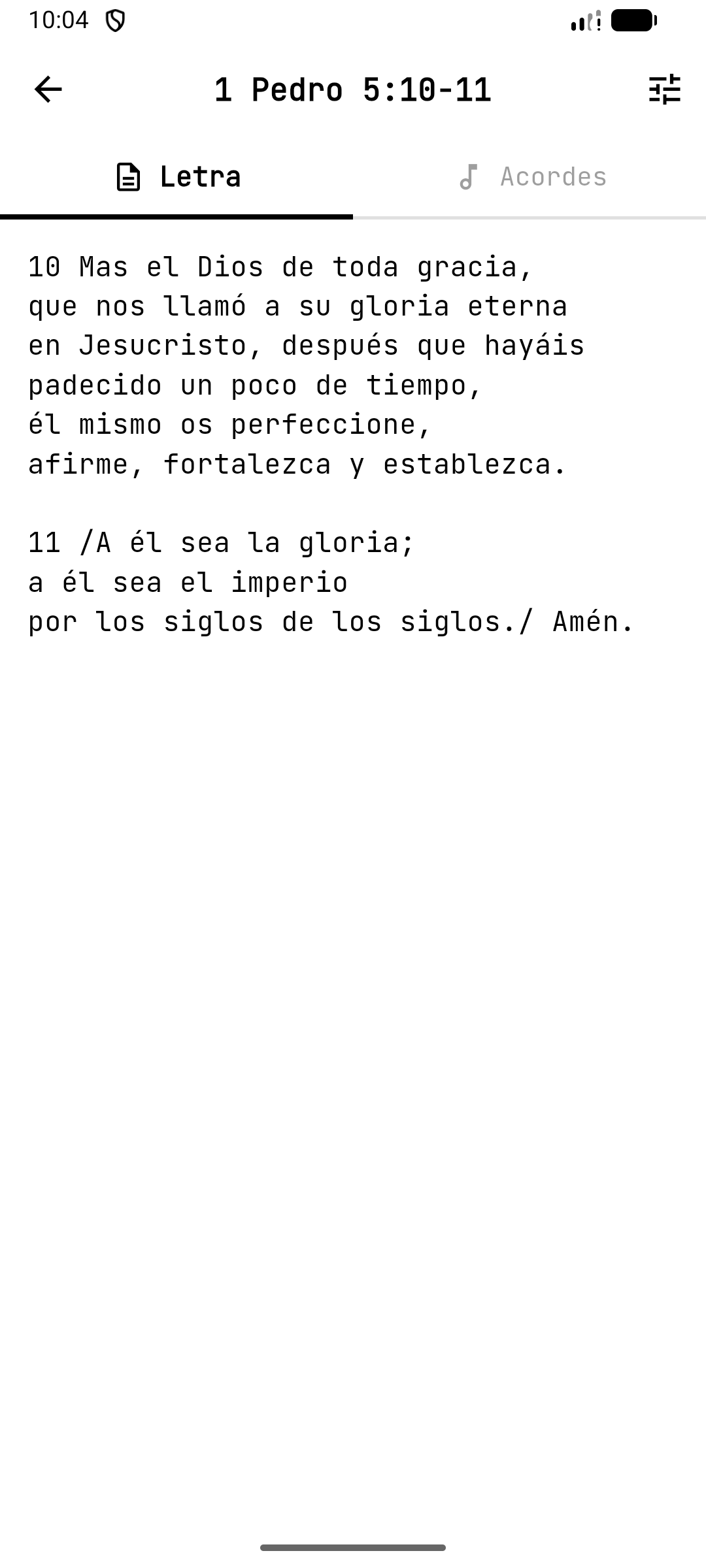 Lyrics view showing hymn text in Cantando con Gracia